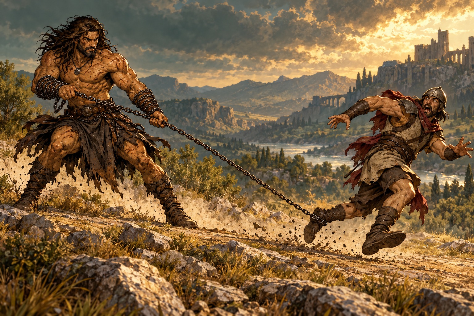 Sez makes one normal attack, then snaps a chain around a charging raider's legs, hauling him back and stopping his next move.