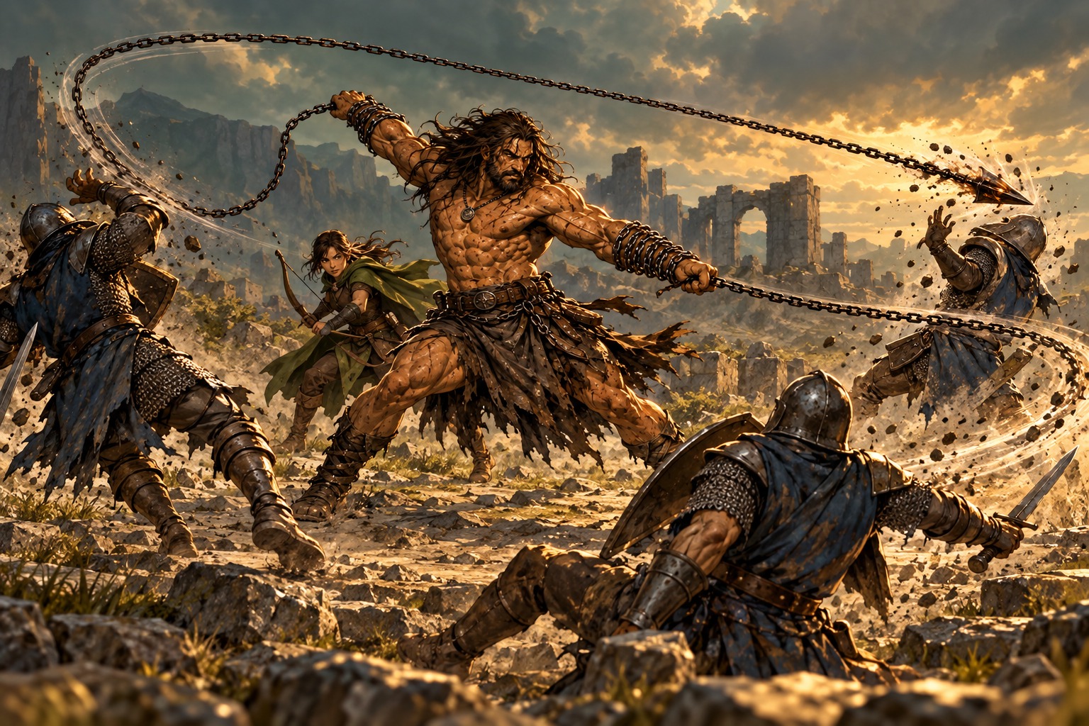 Surrounded by three foes and one ally, Sez lashes out at the foes alone, pulling one away from the ally.