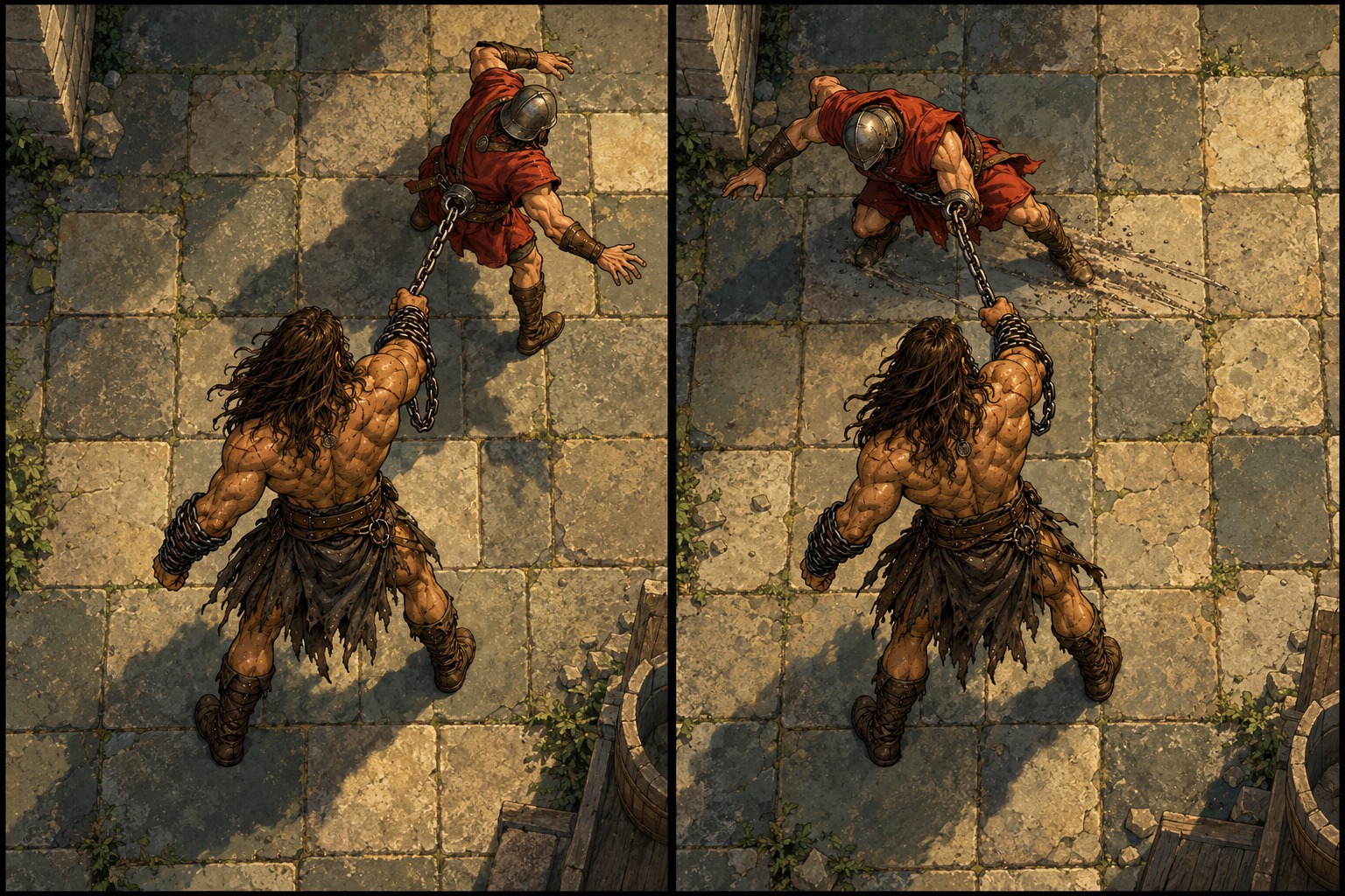 Sez hooks the flank of a guard and drags him sideways into reach of a waiting ally.