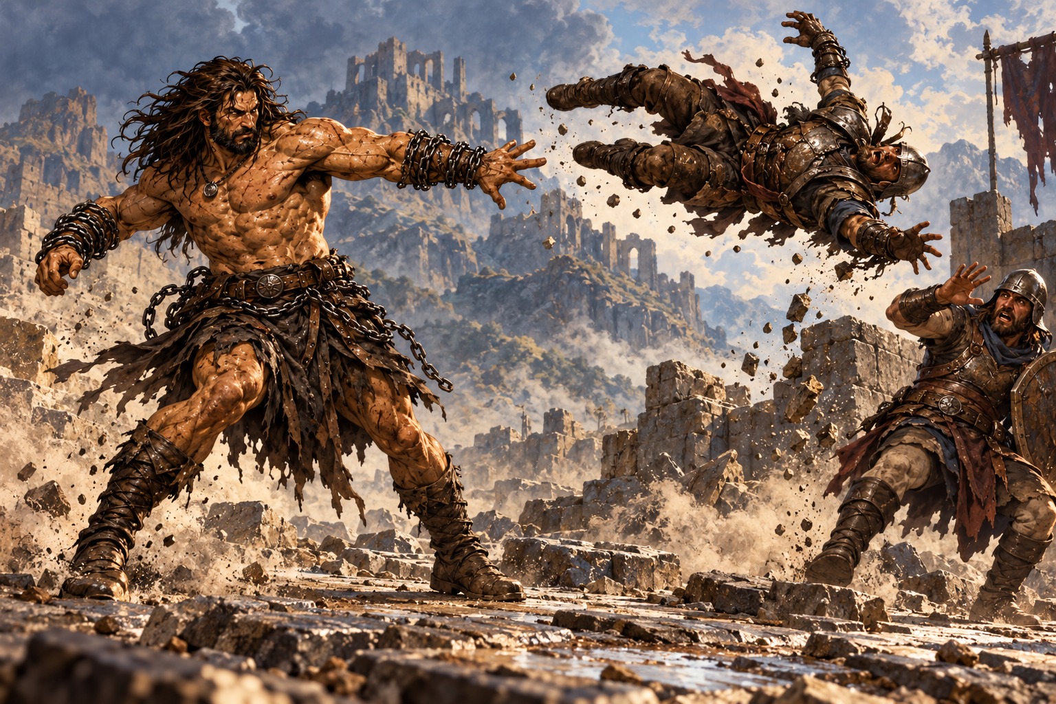 Sez hits a raider with his first attack, releases one weapon hand, then grabs and hurls the raider at a second enemy with his remaining attack.