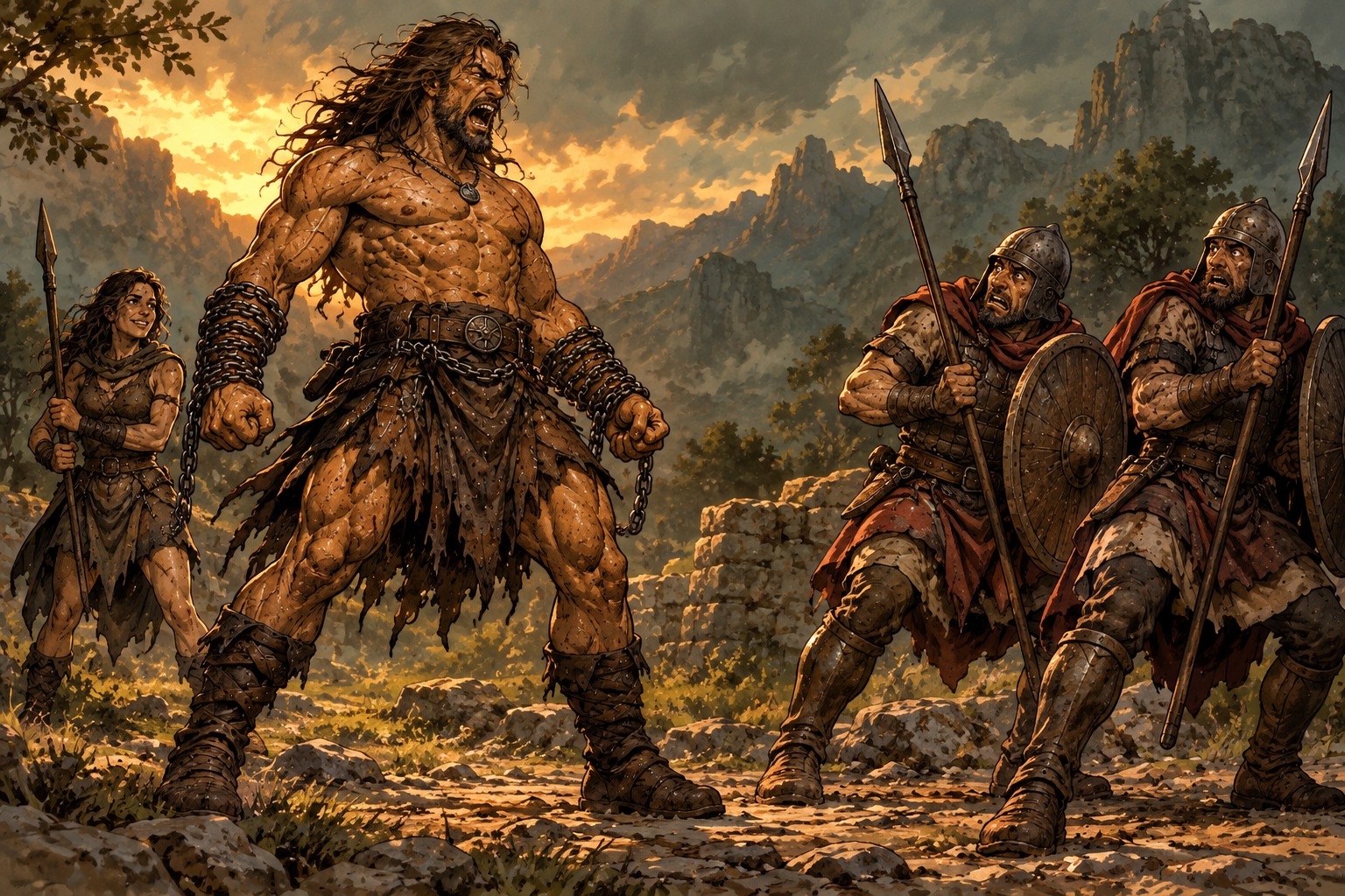 Sez starts Rage and roars in the same Bonus Action. Two guards fail and hesitate. He then attacks normally; he cannot spend Might on a second technique that turn.