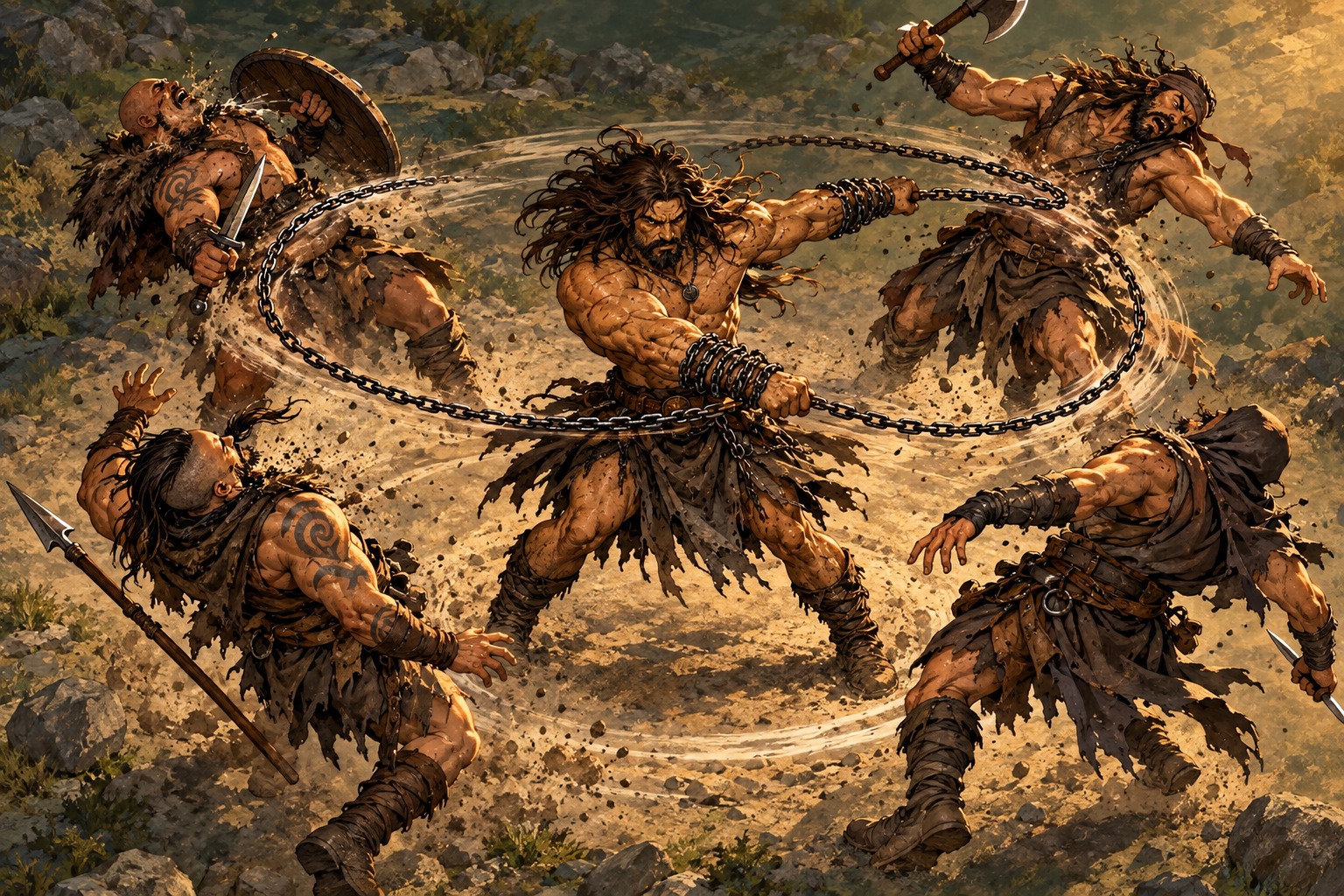 Four enemies surround Sez. He plants his feet and rolls four separate attacks; two hit, two miss. With only two enemies, Sweep normally preserves more of his turn.